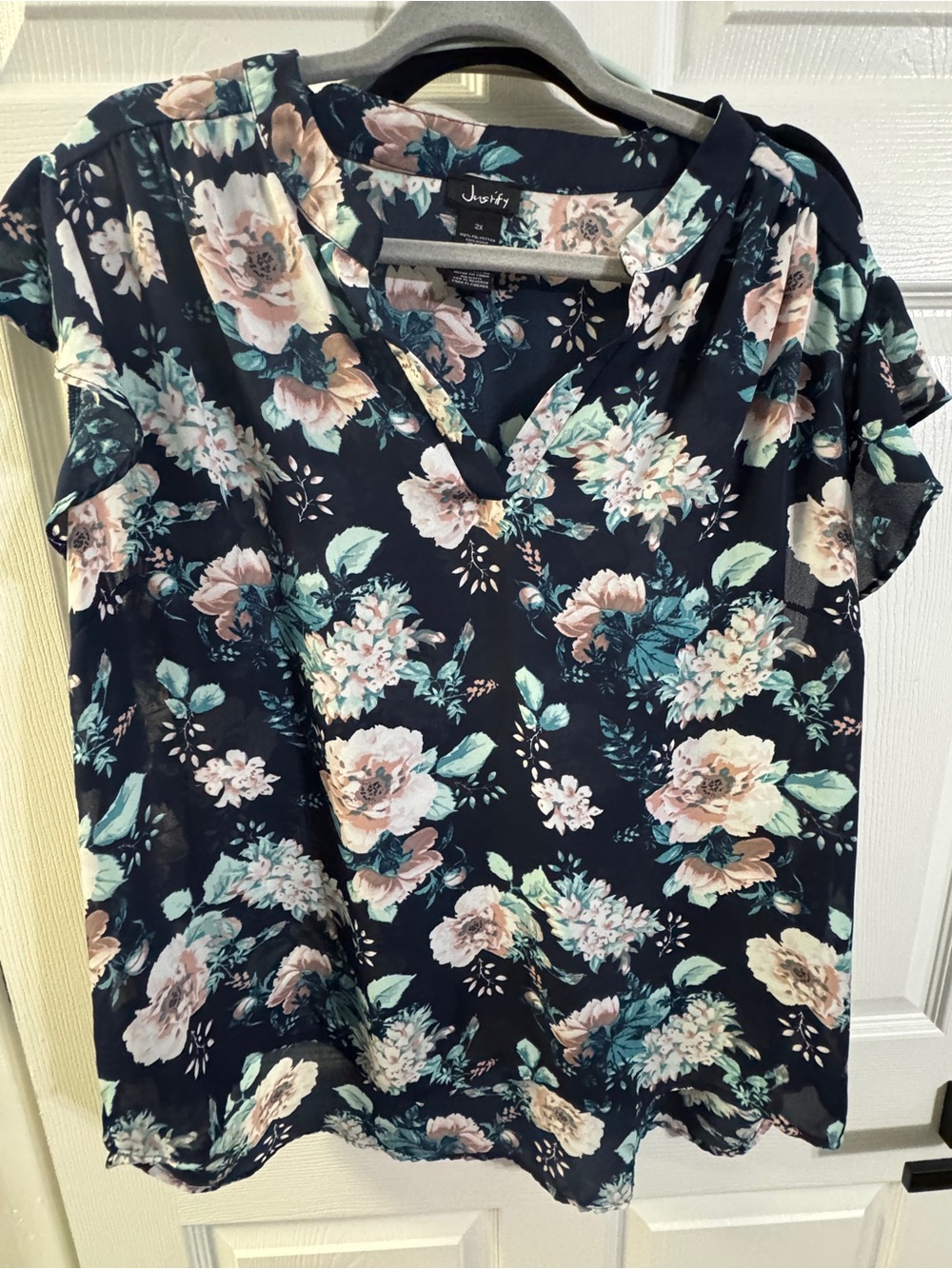 Justify Navy Blue Floral Split-Neck Blouse